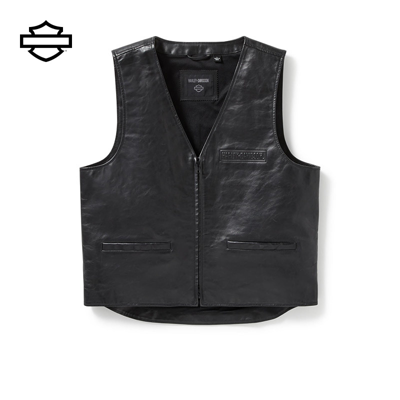 哈雷戴维森 Bar&Shield 男士真皮背心网眼内衬V领拉链皮马甲