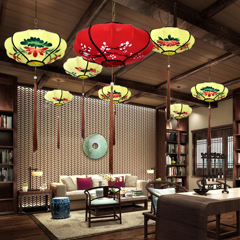 中式仿古灯笼古典手绘画水墨画灯笼酒店餐厅茶楼会所布艺装饰吊灯图片