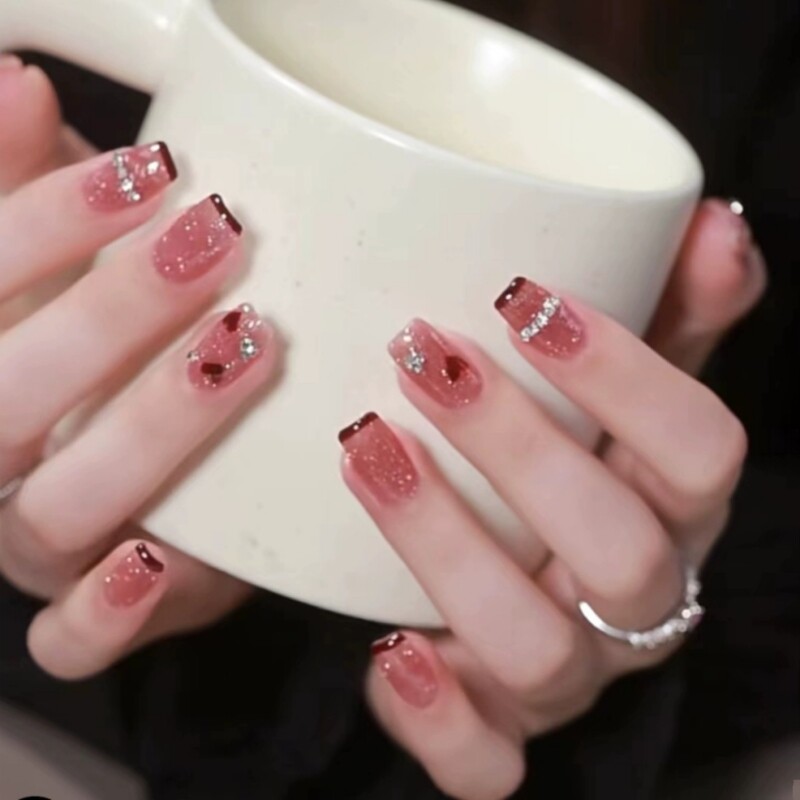 【纯手工】美甲穿戴甲红色碎钻链条钻 显白气质堆钻指甲贴片