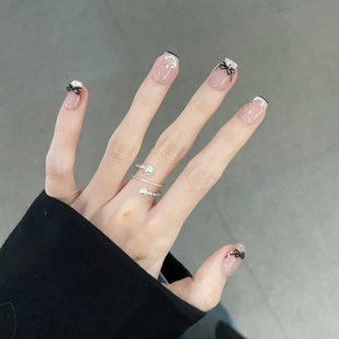 手工 黑色蝴蝶结法式波点猫眼美甲款式黄黑皮显白穿戴甲