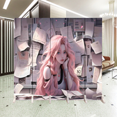 可爱报纸墙少女动漫折叠屏风隔断墙玄关遮挡双面漫画直播网游电竞