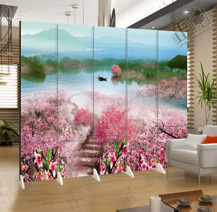 桃花樱花粉色简约折叠屏风隔断客厅时尚玄关入户美容院家用装饰墙
