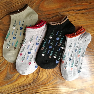 出清 女船袜复古花朵女袜子女生植物花卉低腰袜 外贸春夏薄款