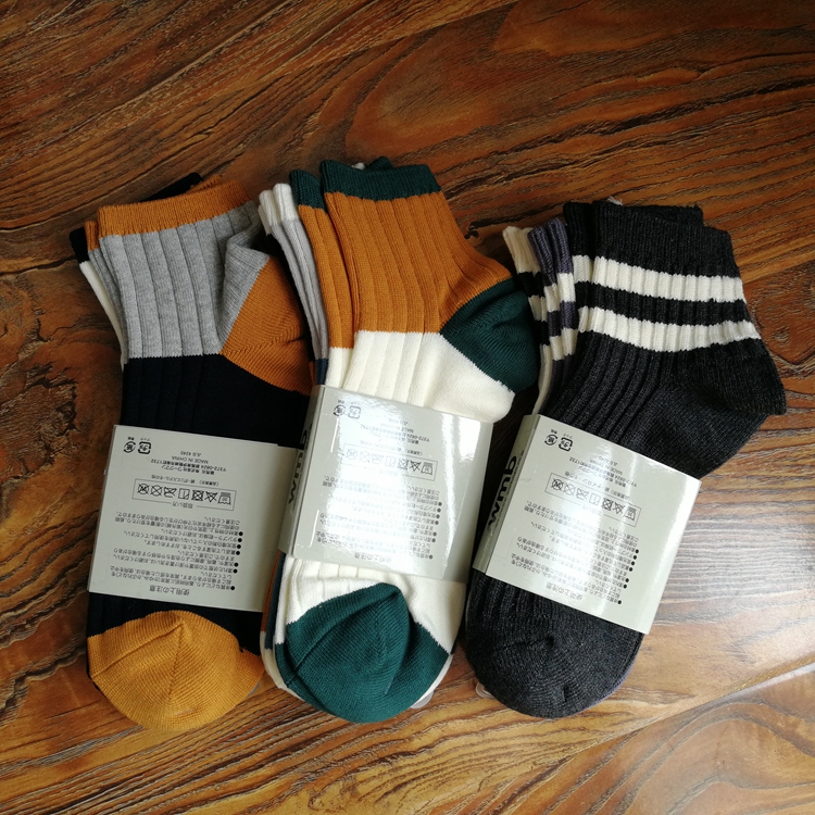 外贸日单春秋男袜纯棉袜子男士休闲复古拼色双针袜男生短袜条纹