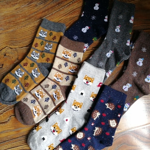 出清 外贸日单秋冬女士保暖毛混中筒袜子甜美可爱卡通复古女袜