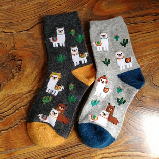 出清！NO退NO换！小瑕疵女袜外贸春秋可爱卡通羊驼毛混保暖袜子