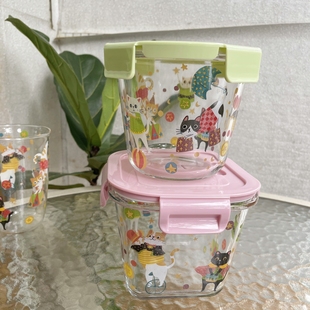 JW爱玩猫咪马戏杂耍聚会高颜值玻璃保鲜碗可微波加热上班族饭盒