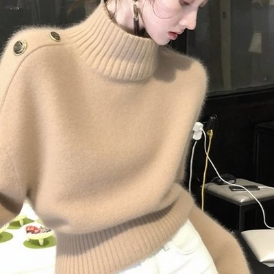 韩系氛围感卡其色高领套头毛衣2025秋冬新款淡人高知穿搭短款上衣