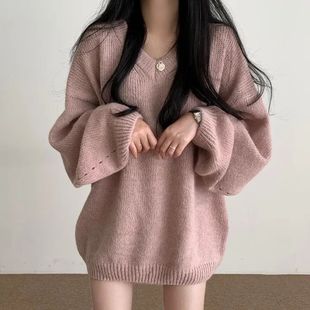 毛衣女v领套头宽松慵懒针织衫 已出货 韩国chic秋冬中长款