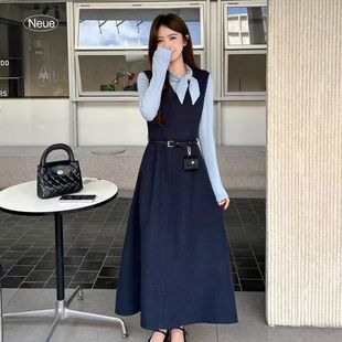 连衣裙 呢料长款 皮带三件套 无袖 2025秋韩系蝴蝶结针织打底衫