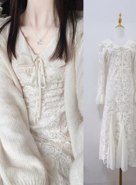 鱼尾裙早秋小个子穿搭连衣裙2024年秋冬新款入秋长裙白色裙子女装