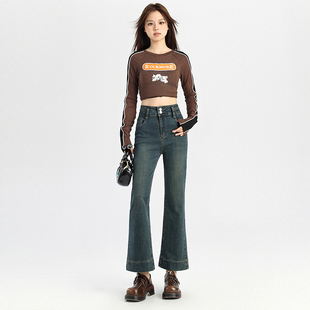 复古水泥灰八分裤 145CM小个子牛仔裤 高腰显瘦微喇裤 爆款 女秋季