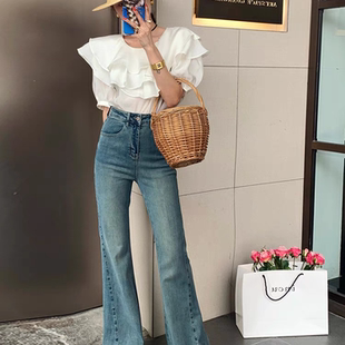 BRAZA JONNH不贴腿微喇裤浅蓝色高腰牛仔裤女宽松显瘦拖地夏