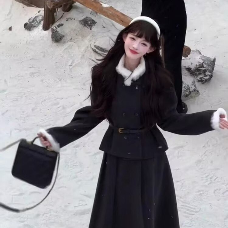 韩系富家千金小香风套装女秋冬高级感穿搭双排扣外套半身裙两件套