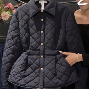 秋冬新款韩版翻领洋气百搭菱形格棉服女时尚收腰显瘦气质棉袄外套
