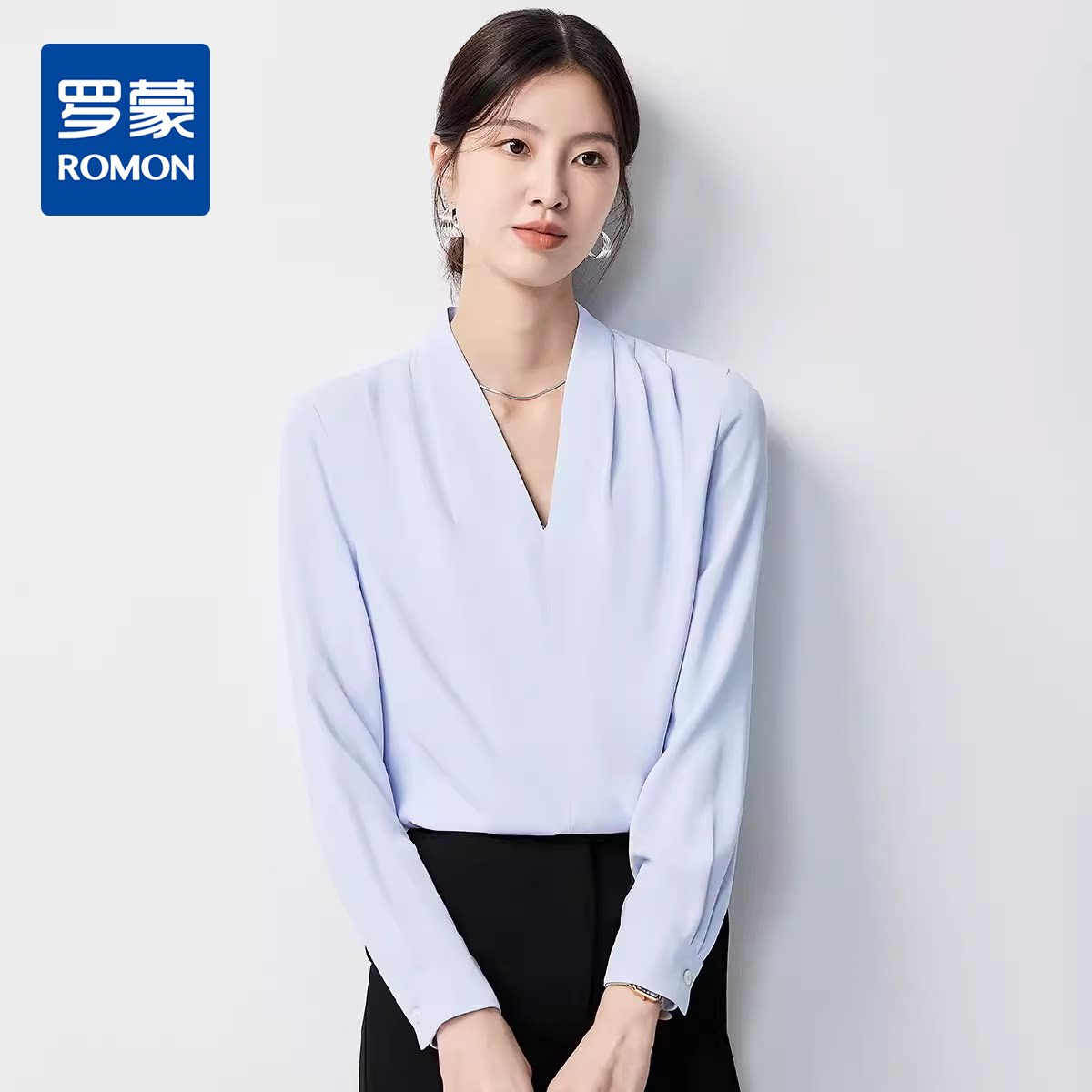 罗蒙春夏雪纺长袖衬衫女士商务时尚优雅简约通勤V领衬衣女上衣