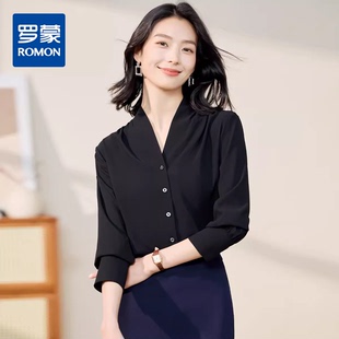 罗蒙春秋雪纺长袖衬衫女士简约V领时尚有型通勤百搭衬衫女上衣