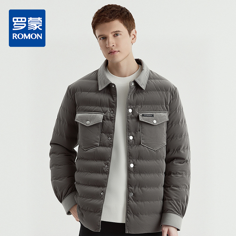罗蒙白鸭绒羽绒服翻领灯芯绒面料保暖舒适暖和休闲通勤日常棉服外