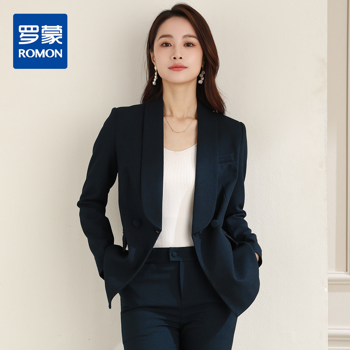 罗蒙春秋小西装外套女士青果领双排扣通勤休闲百搭单西服上衣外套