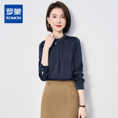 罗蒙春秋款圆领长袖衬衫女士商务休闲通勤百搭气质缎面衬衣女上衣
