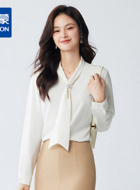 罗蒙春秋女装长袖衬衫女士时尚通勤百搭气质缎面飘带衬衣女上衣
