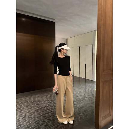 5werkwen 雅痞老钱|拉夫美学 极简复古卡其裤休闲裤宽松直筒裤女