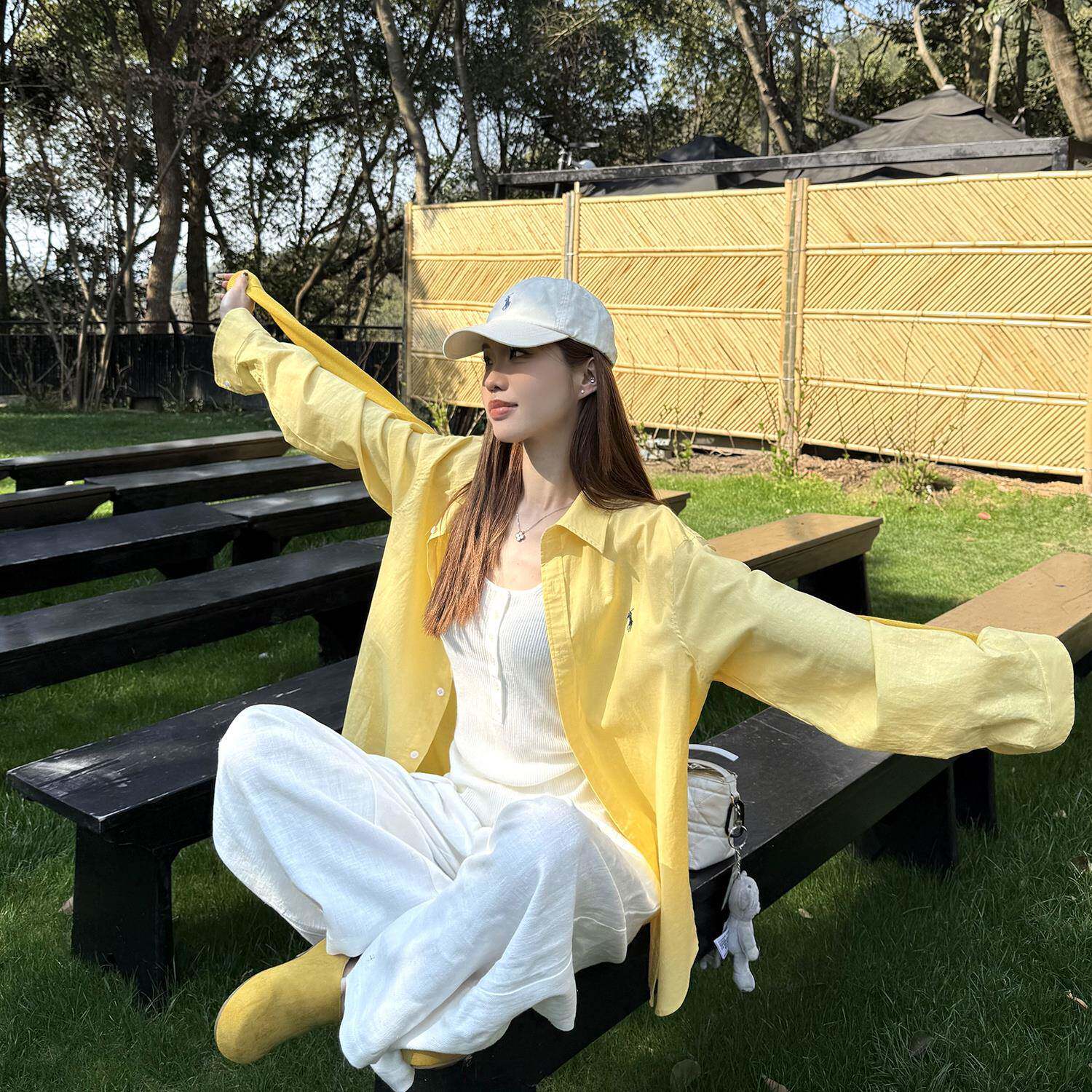 uuyeii RL小马标发财黄衬衫女新款宽松百搭休闲长袖衬衣显瘦上衣