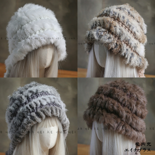 出口日韩~兔毛混纺针织毛绒帽女秋冬保暖护耳显脸小防寒包头帽011