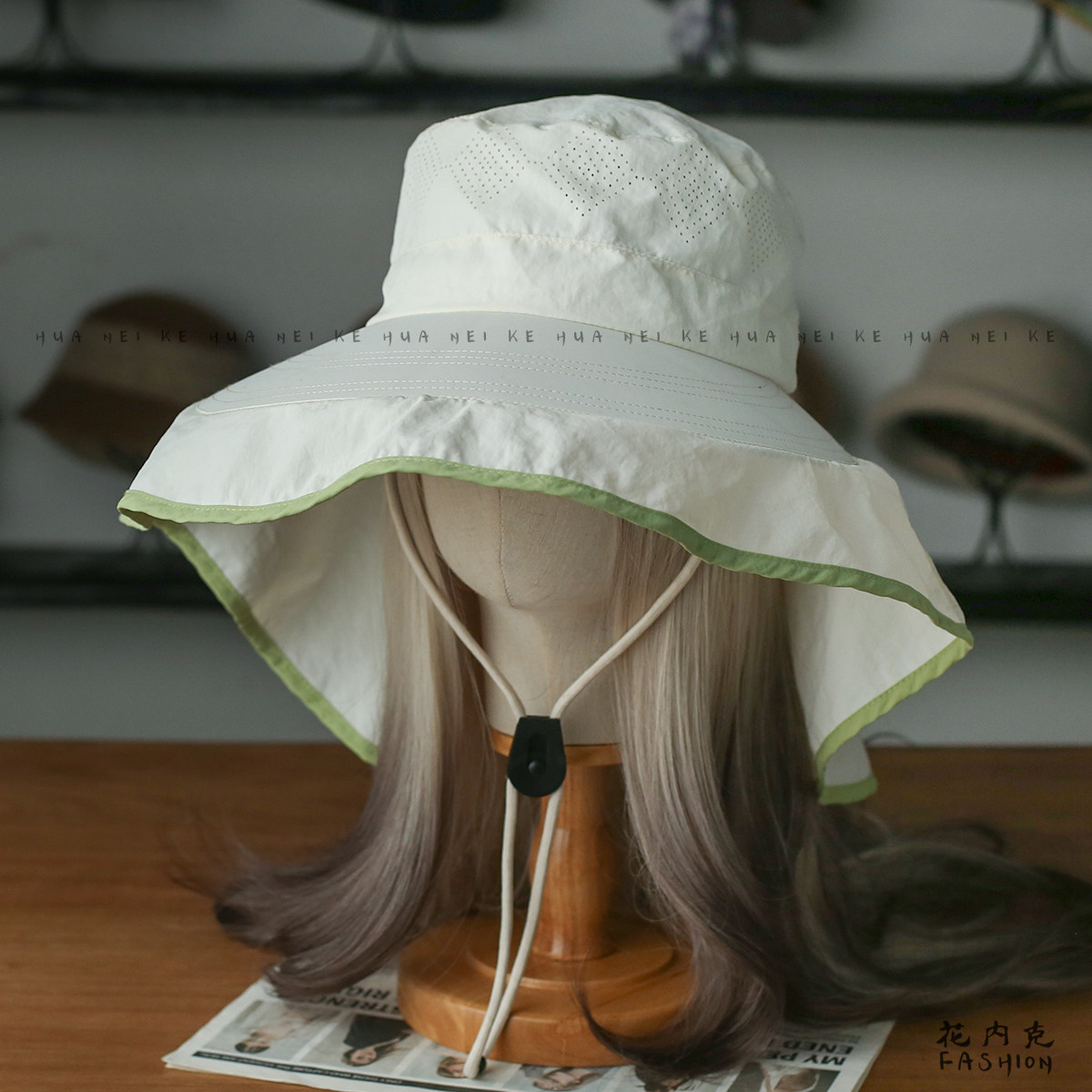 出口日韩~网眼大檐布边披肩帽遮阳帽女防紫外线透气轻薄速干帽034