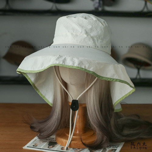 出口日韩~网眼大檐布边披肩帽遮阳帽女防紫外线透气轻薄速干帽034