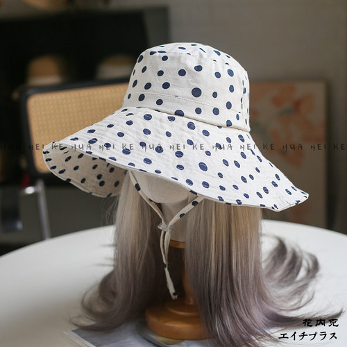 出口日韩~棉麻~复古波点大帽檐渔夫帽女户外百搭显脸小遮阳帽033