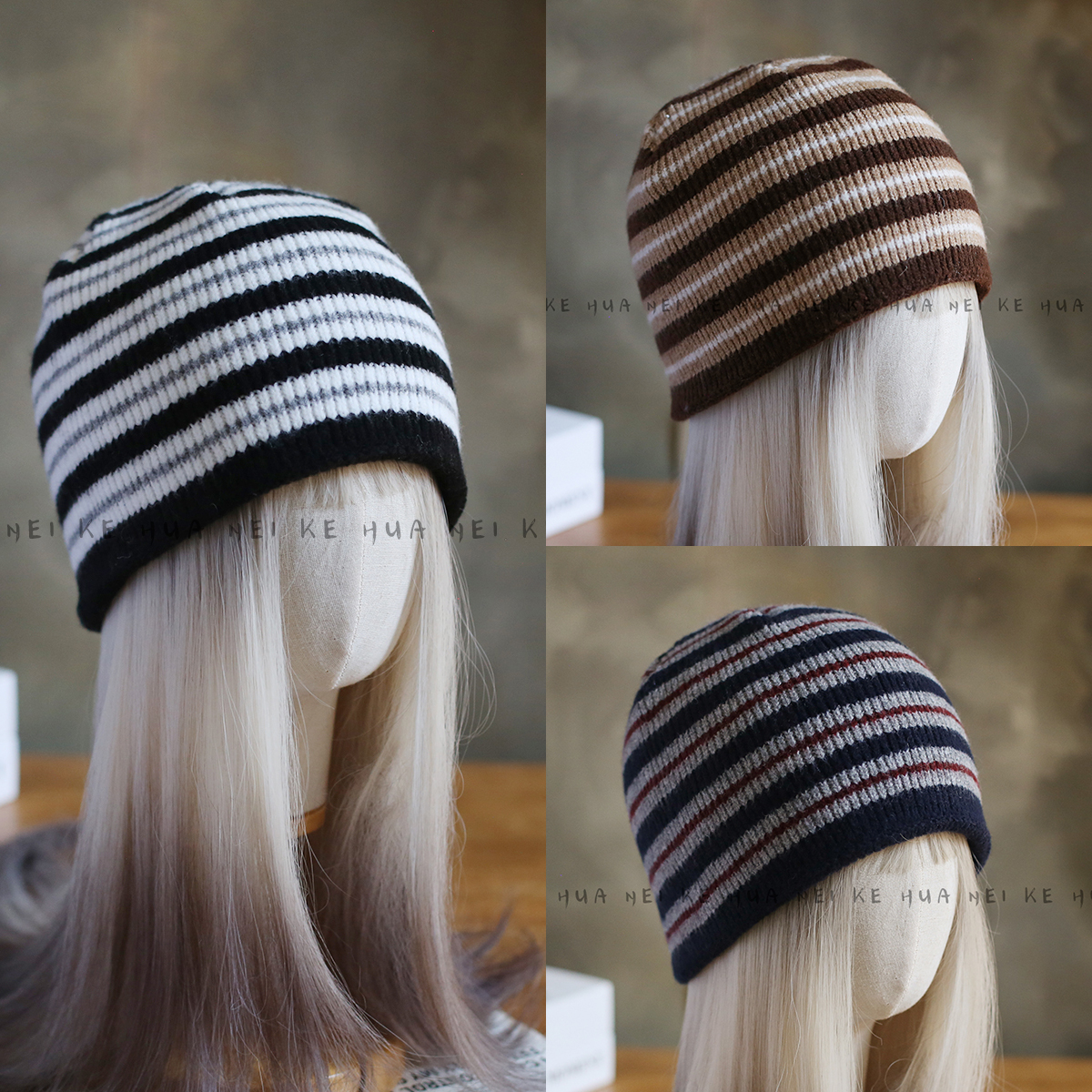出口日韩~复古条纹毛线帽女秋冬保暖包头帽撞色柔软针织冷帽080