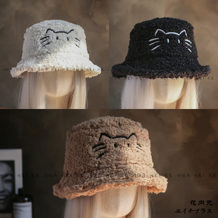 出口日韩 秋冬可爱猫咪羊羔毛渔夫帽女保暖护耳百搭显脸小盆帽094