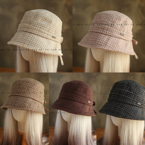 出口日韩~秋冬新款加厚格纹渔夫帽女蝴蝶结绑带毛呢保暖盆帽010