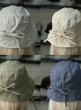 出口日韩~日系格子绑带渔夫帽女卷边遮阳防晒显脸小盆帽013