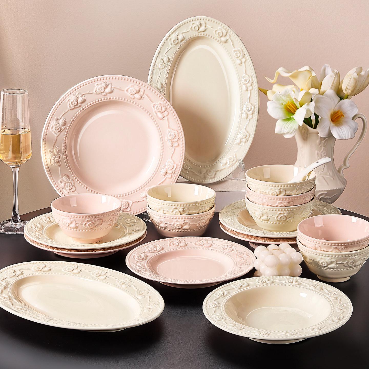 浮雕法式餐具碗碟套装家用2025新款高颜值碗盘子乔迁新居陶瓷碗具,餐饮具,碗,淘宝优惠券,粉丝福利购,淘宝优惠卷