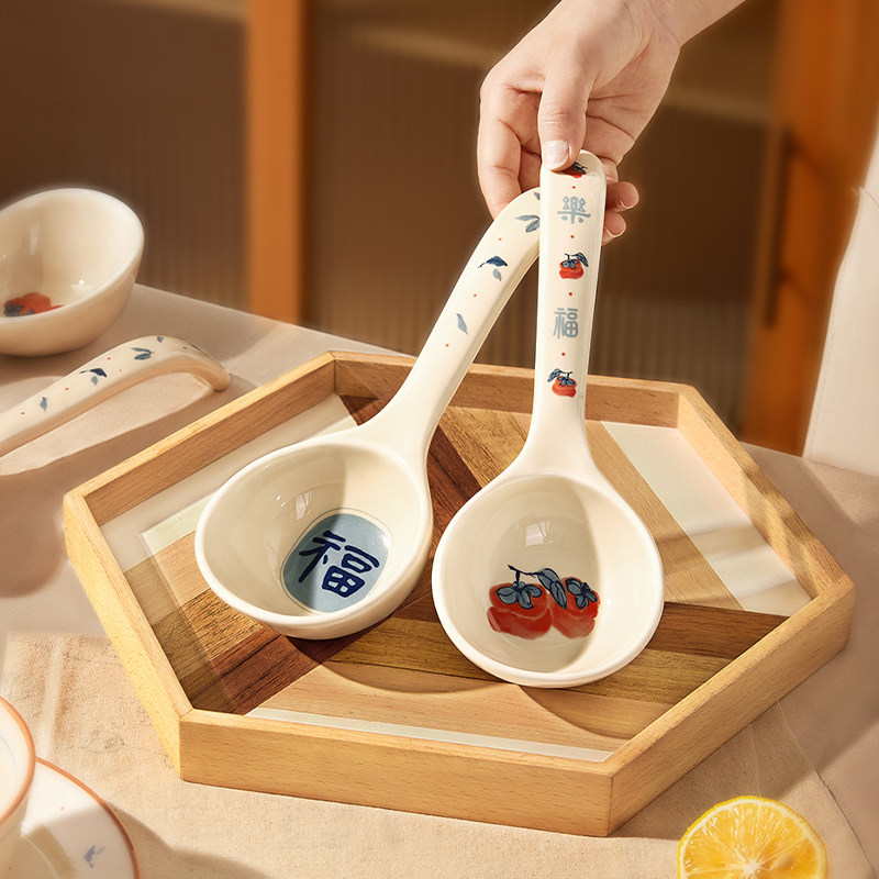 中式陶瓷汤勺家用长柄高档大勺子图片
