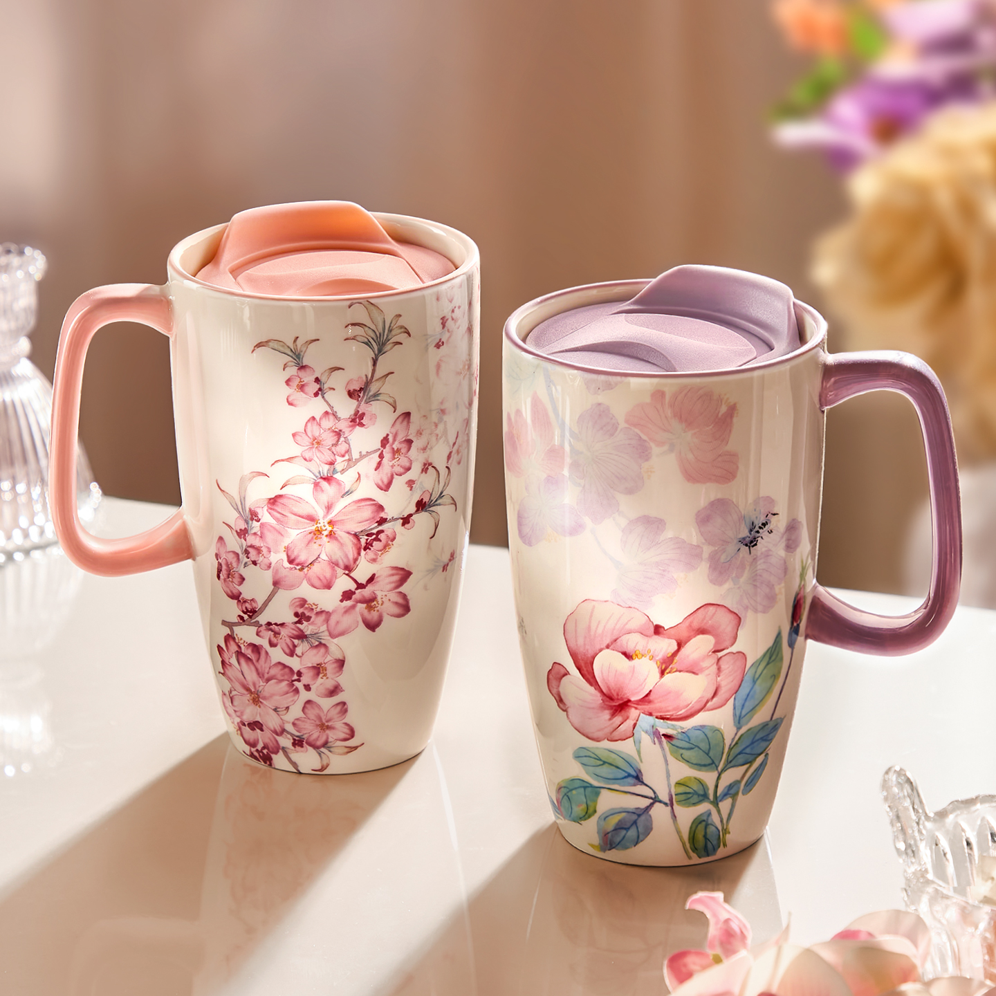 花神马克杯大容量陶瓷杯带盖家用