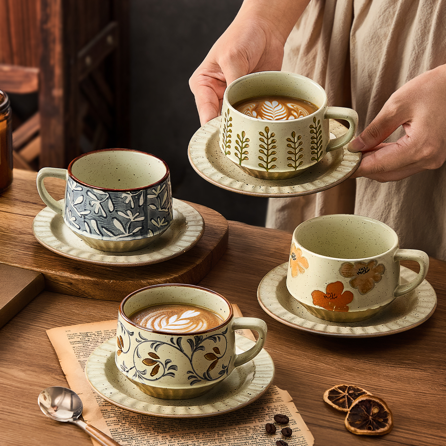 复古咖啡杯碟高档精致陶瓷拿铁拉环花杯子创意粗陶杯高级感马克杯