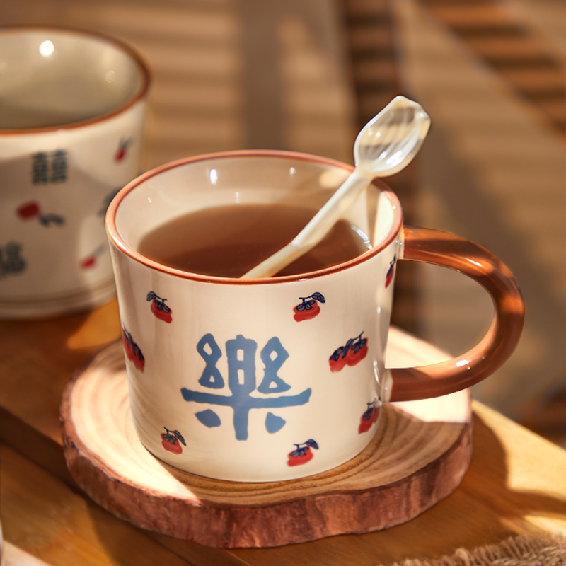 中式福字陶瓷马克杯水杯家用喝水杯子复古好看的早餐杯茶杯咖啡杯