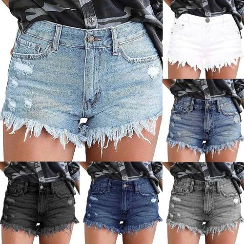 Women's High Waisted Denim Shorts Summer Pocket Ripped Hem