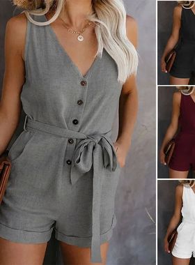 Women's Casual V-neck Monochromatic Jumpsuit, Five-Point