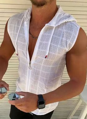 Hooded zippered cardigan T-shirt for men's summer new