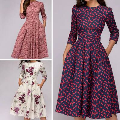 Fashion Women Dress Elegant Fashion Floral Print 3/4 Sleeve