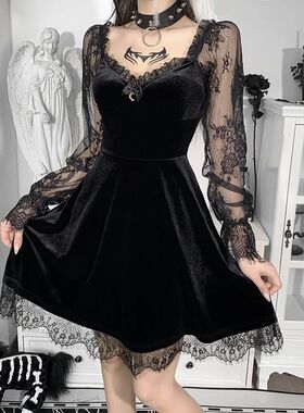 E-girlGrunge Gothic Black Mini Dress Lace Trim High Waist