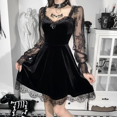 E-girlGrunge Gothic Black Mini Dress Lace Trim High Waist