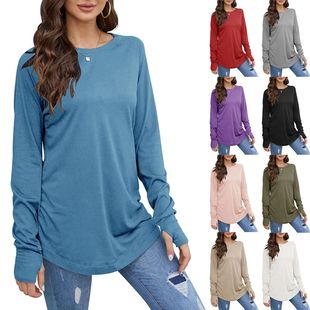 Neck Medium Sleeve Long Loose Round Solid Shirt Women