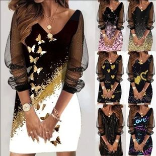 Dress neck Heart Butterfly Spring Print Womens