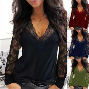 Fashion Lace Stitching Women Shirt Sexy Hollow 2023