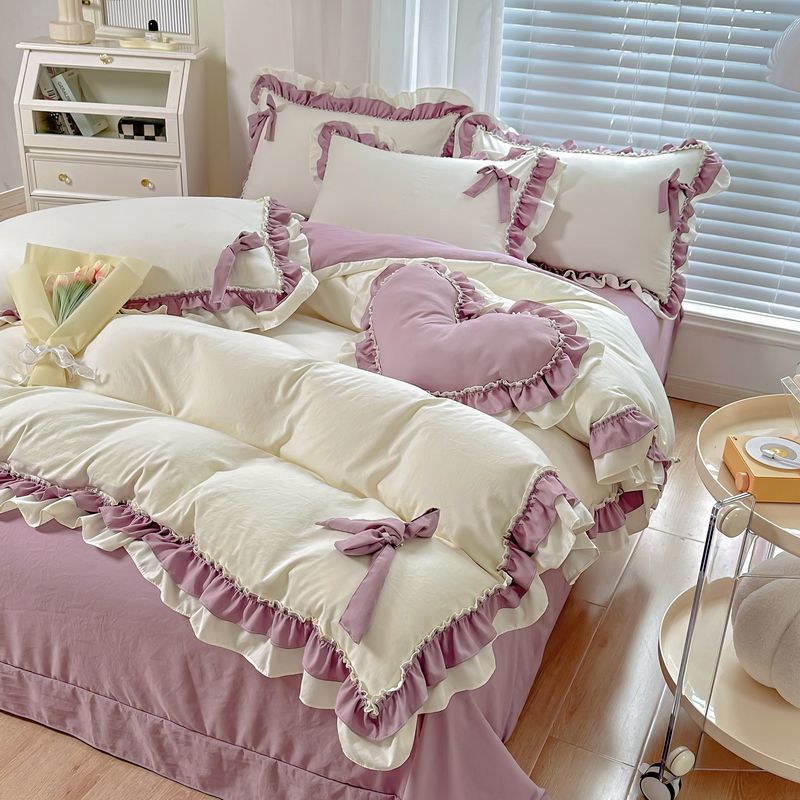 魅力紫色花边蝴蝶结四件套水洗棉被套床单居家温馨公主宿舍三件套